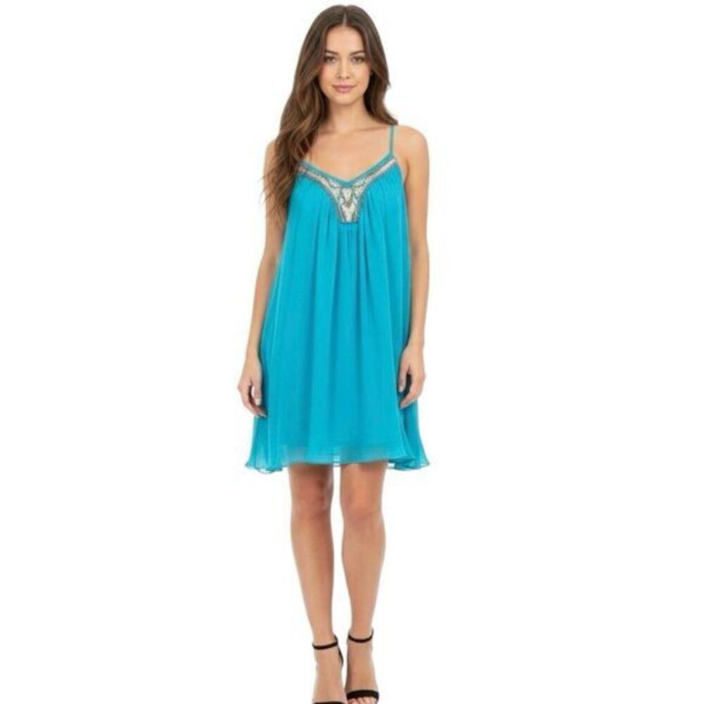 Express Womens Dress XS Chiffon Sequin Beaded Teal Blue Mini Shift Y2k 90s Retro